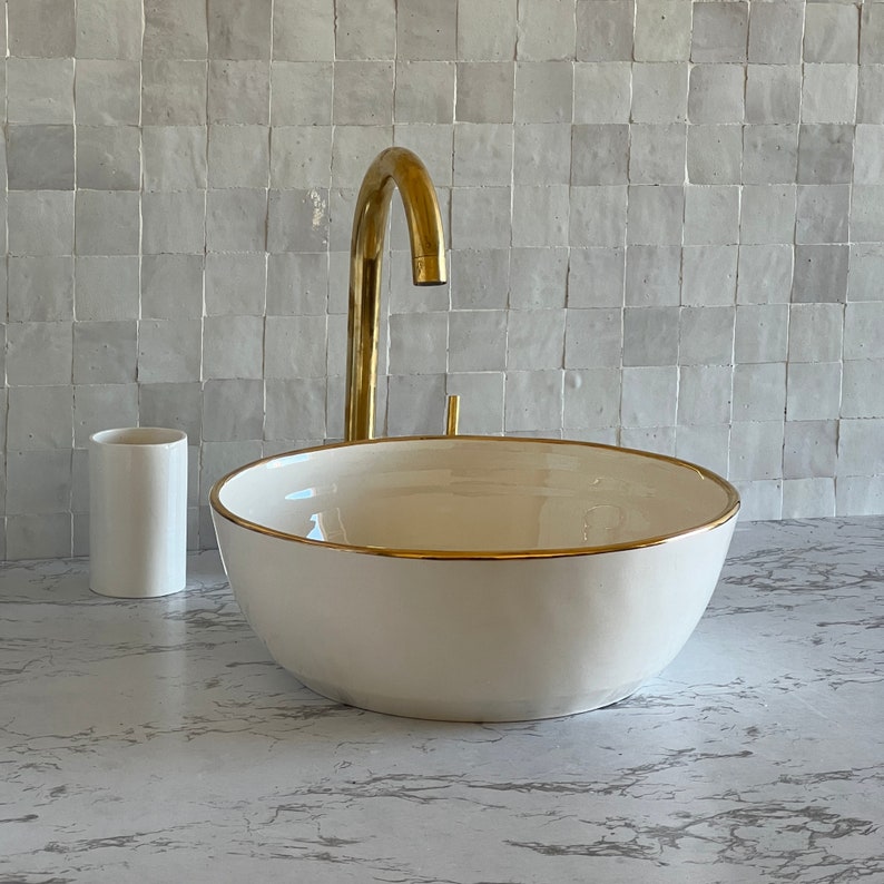 Handmade Moroccan Ceramic Sink Golden rim 14k #129