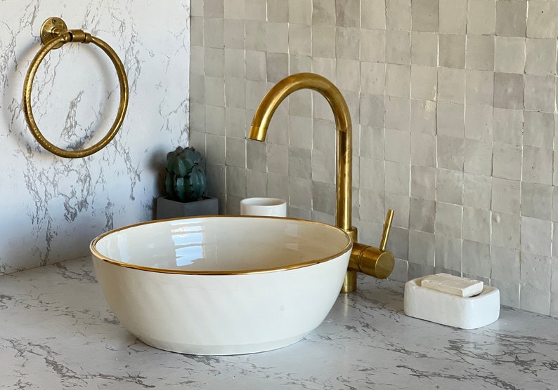 Handmade Moroccan Ceramic Sink Golden rim 14k #129