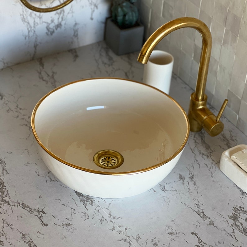 Handmade Moroccan Ceramic Sink Golden rim 14k #129
