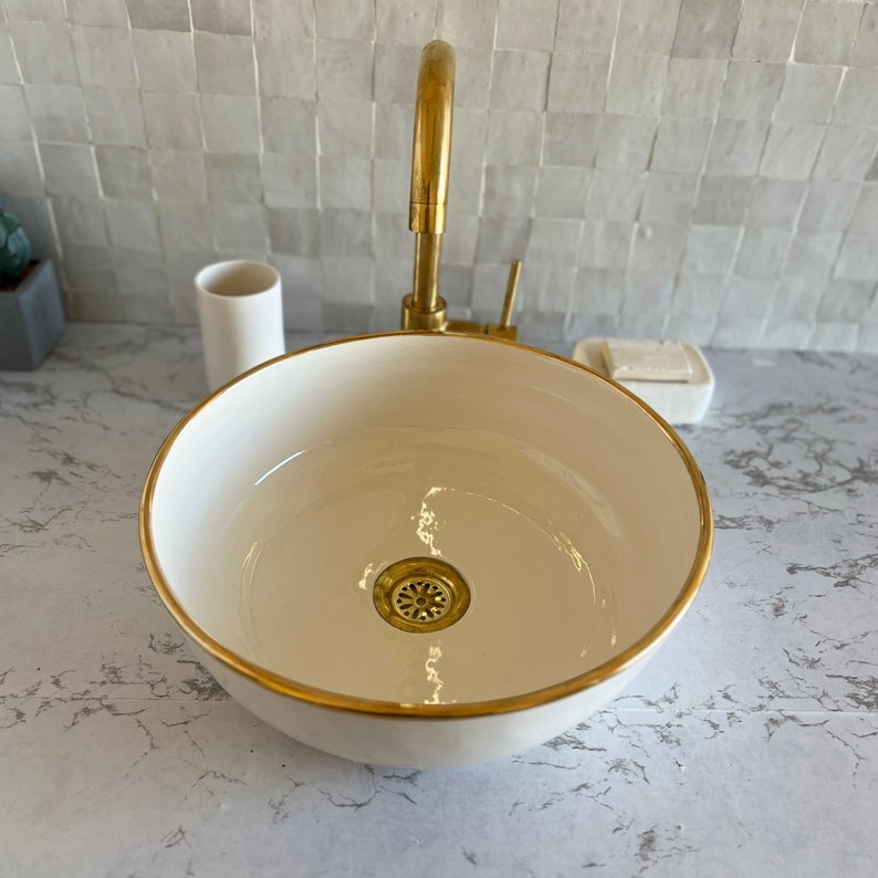 Handmade Moroccan Ceramic Sink Golden rim 14k #129