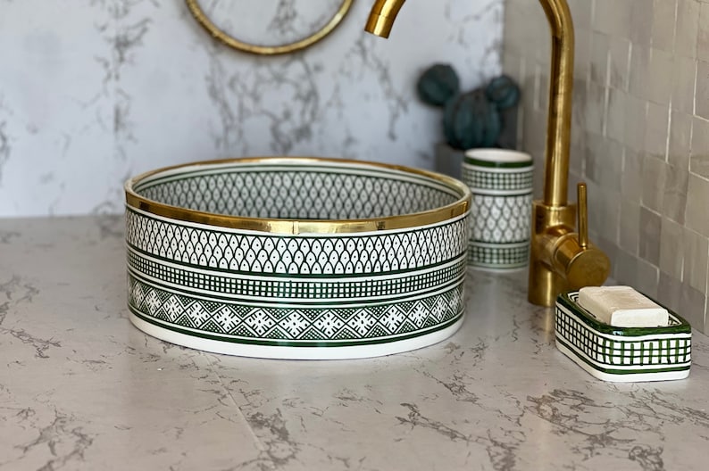 Handmade Moroccan Ceramic Sink Brass rim #99
