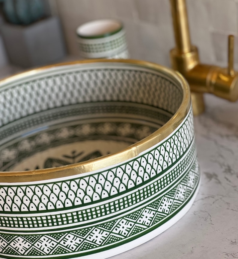 Handmade Moroccan Ceramic Sink Brass rim #99