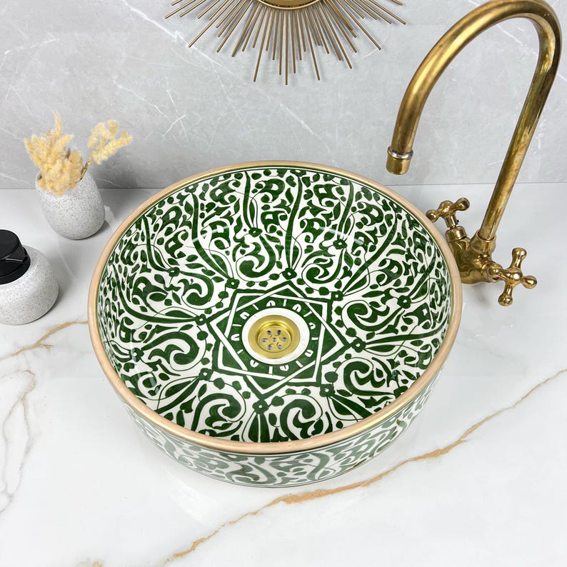 Handmade Moroccan Ceramic Sink Golden Rim 14k Carats #252