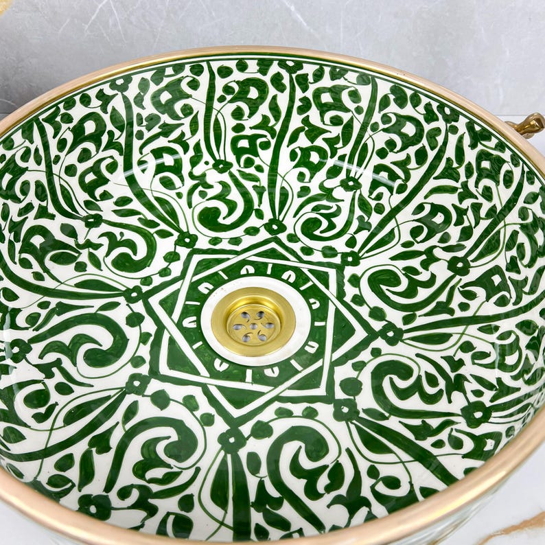 Handmade Moroccan Ceramic Sink Golden Rim 14k Carats #252