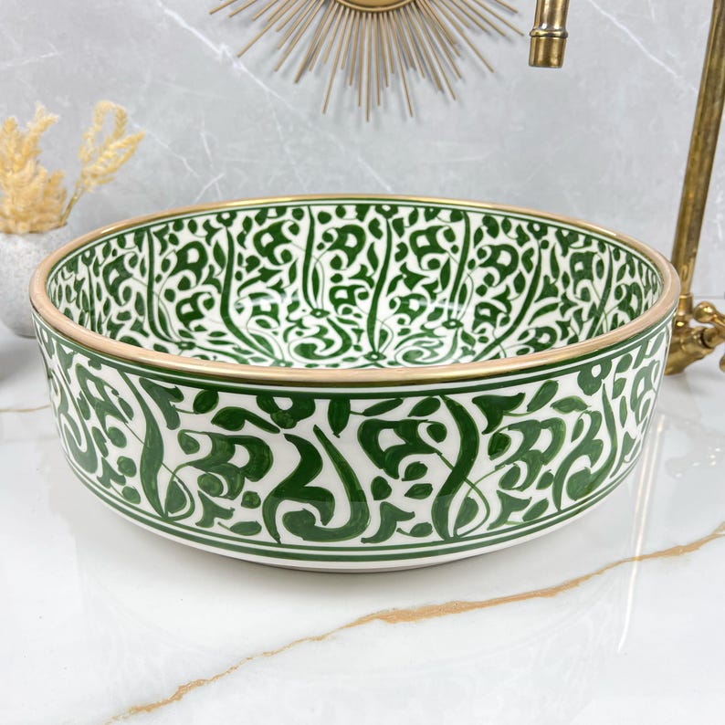 Handmade Moroccan Ceramic Sink Golden Rim 14k Carats #252