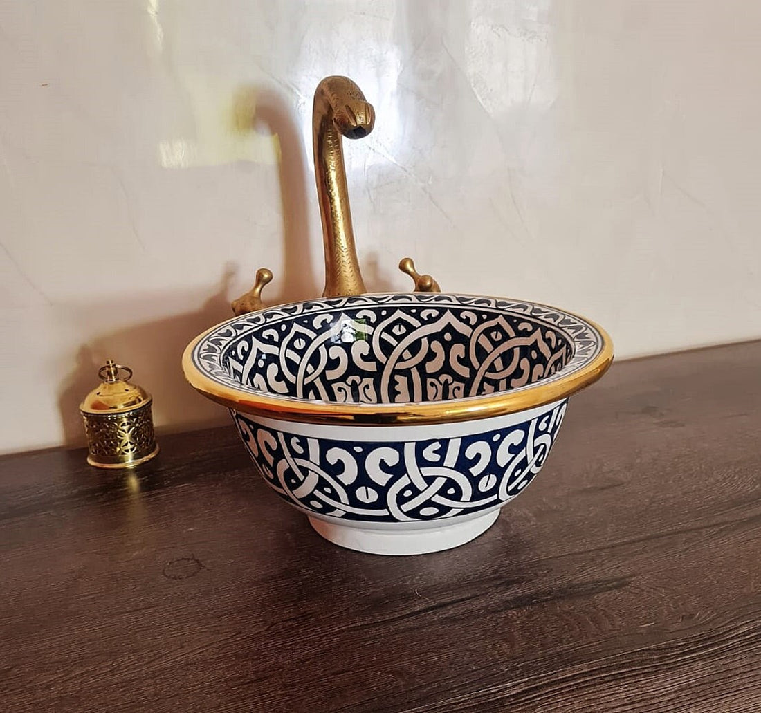 Handmade Moroccan Ceramic Sink 14K Carat Golden rim #79