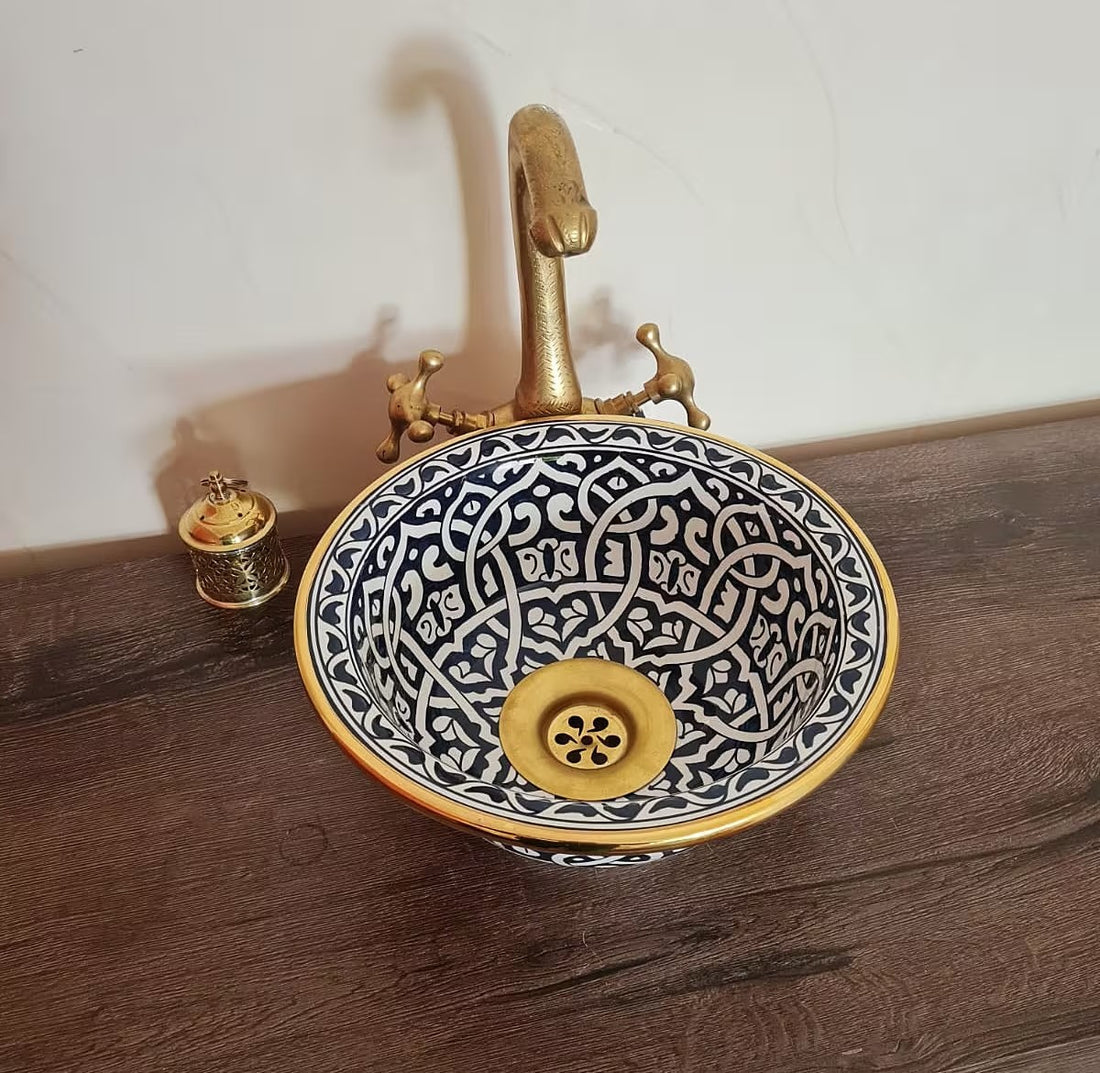 Handmade Moroccan Ceramic Sink 14K Carat Golden rim #79