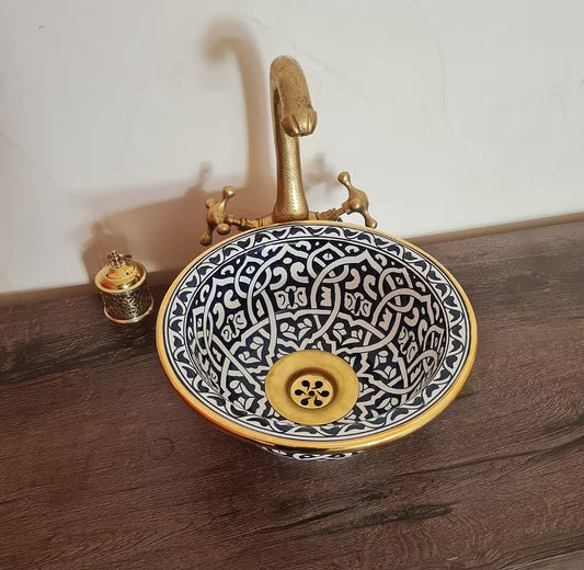 14K Carat Gold contour bathroom sink | Hand painted ceramic sink #79