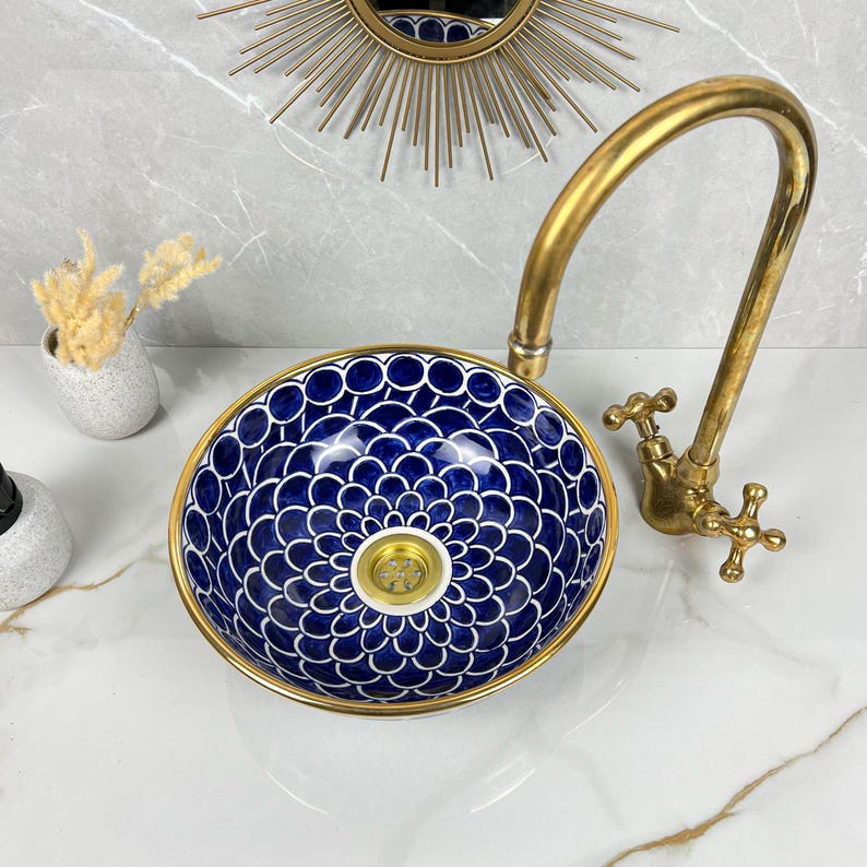 Handmade Moroccan Ceramic Sink Golden Rim 14k Carats #252