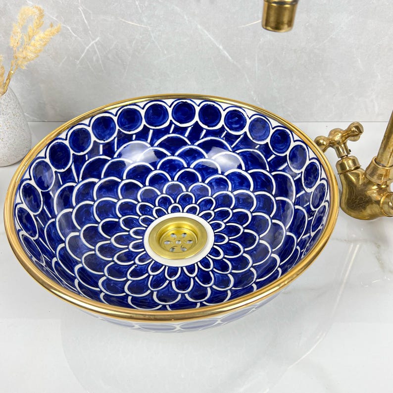 Handmade Moroccan Ceramic Sink Golden Rim 14k Carats #252