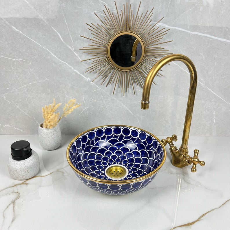 Handmade Moroccan Ceramic Sink Golden Rim 14k Carats #252