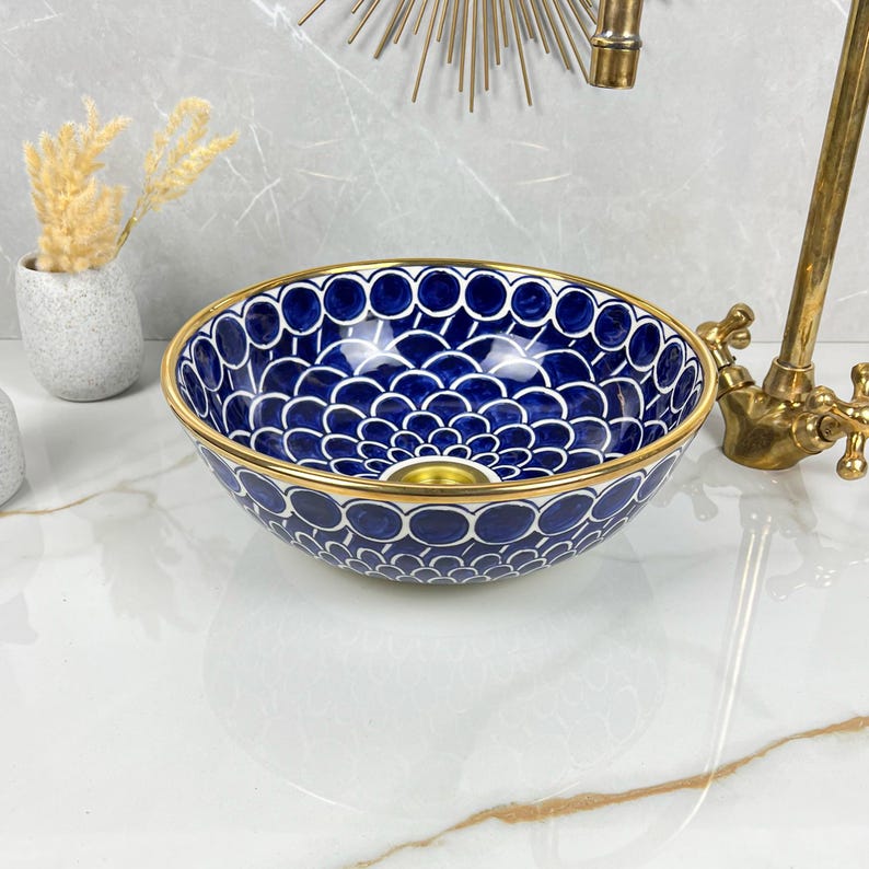 Handmade Moroccan Ceramic Sink Golden Rim 14k Carats #252