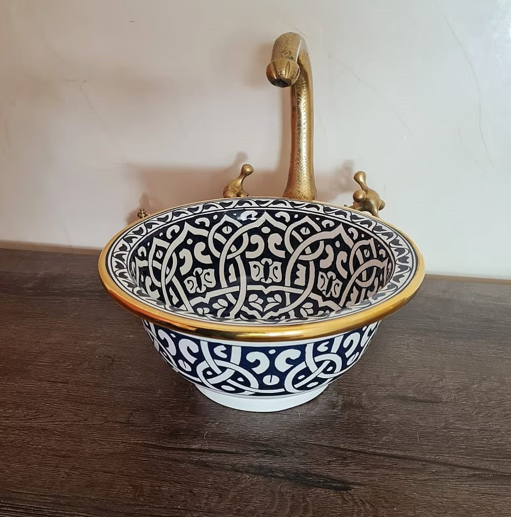 Handmade Moroccan Ceramic Sink 14K Carat Golden rim #79