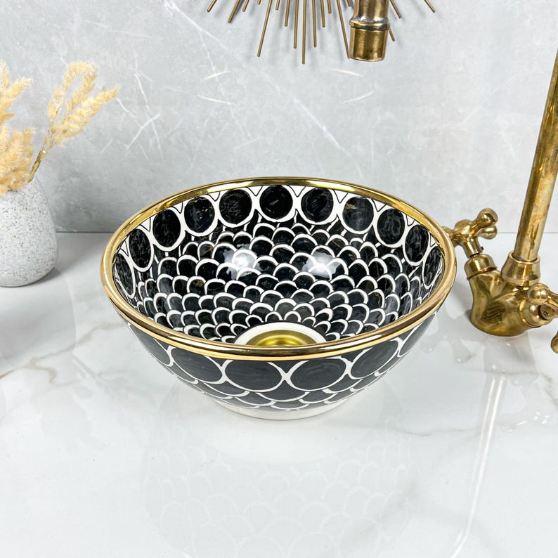 Handmade Moroccan Ceramic Sink Golden Rim 14k Carats #252