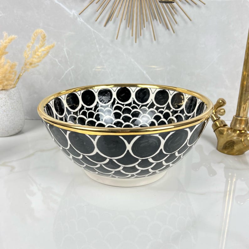 Handmade Moroccan Ceramic Sink Golden Rim 14k Carats #252