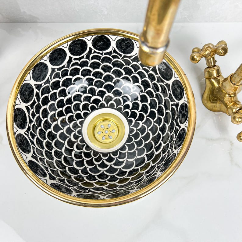 Handmade Moroccan Ceramic Sink Golden Rim 14k Carats #252