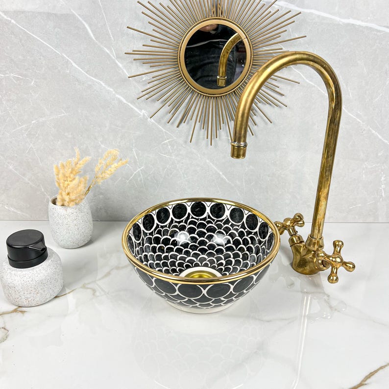 Handmade Moroccan Ceramic Sink Golden Rim 14k Carats #252