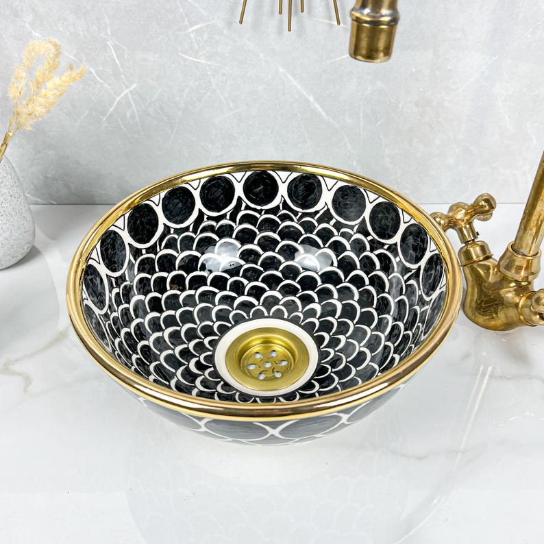 Handmade Moroccan Ceramic Sink Golden Rim 14k Carats #252