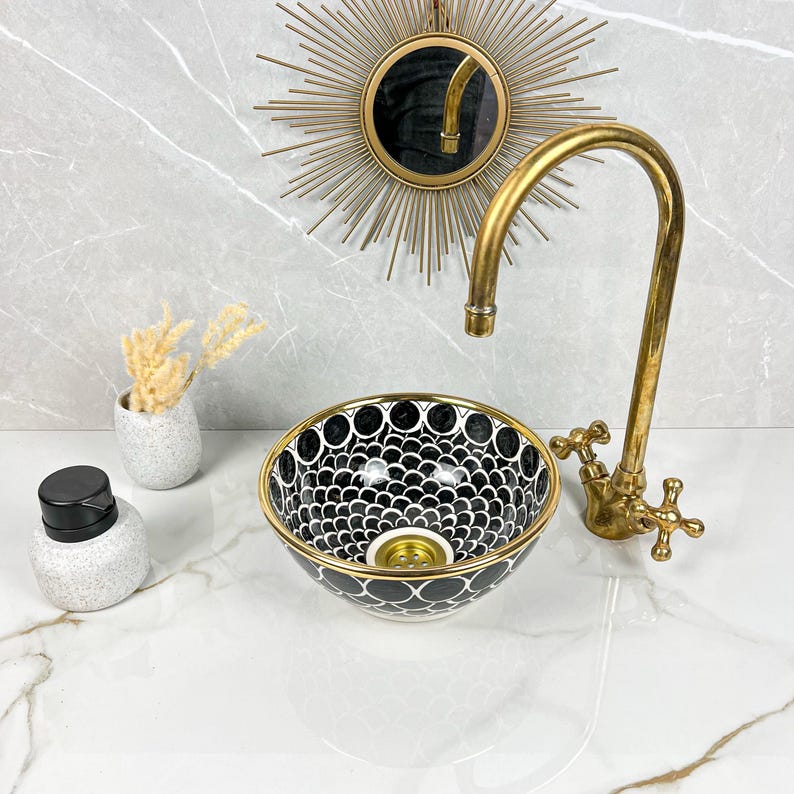 Handmade Moroccan Ceramic Sink Golden Rim 14k Carats #252