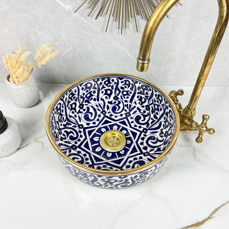 Handmade Moroccan Ceramic Sink Golden Rim 14k Carats #252