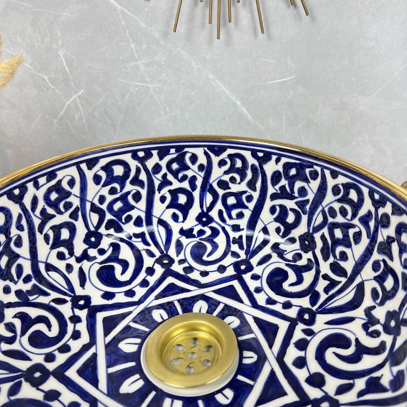 Handmade Moroccan Ceramic Sink Golden Rim 14k Carats #252
