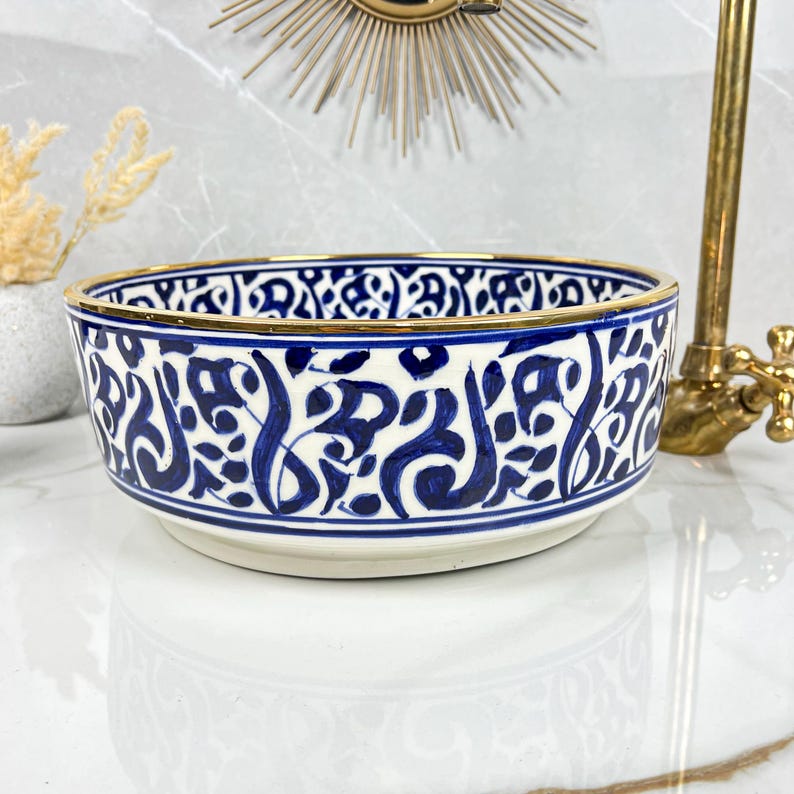 Handmade Moroccan Ceramic Sink Golden Rim 14k Carats #252