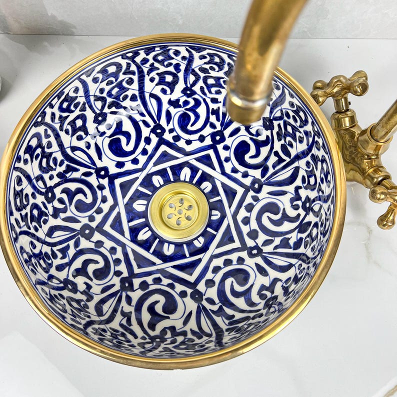 Handmade Moroccan Ceramic Sink Golden Rim 14k Carats #252