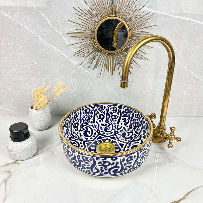 Handmade Moroccan Ceramic Sink Golden Rim 14k Carats #252
