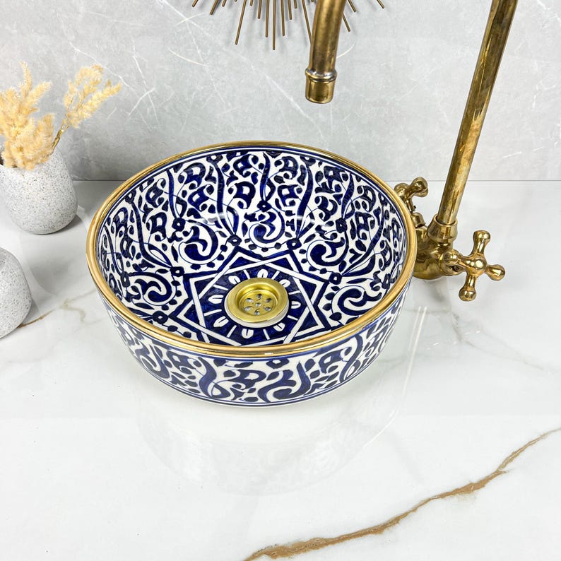 Handmade Moroccan Ceramic Sink Golden Rim 14k Carats #252