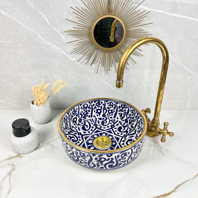 Handmade Moroccan Ceramic Sink Golden Rim 14k Carats #252