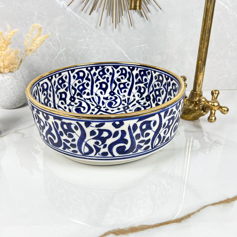 Handmade Moroccan Ceramic Sink Golden Rim 14k Carats #252