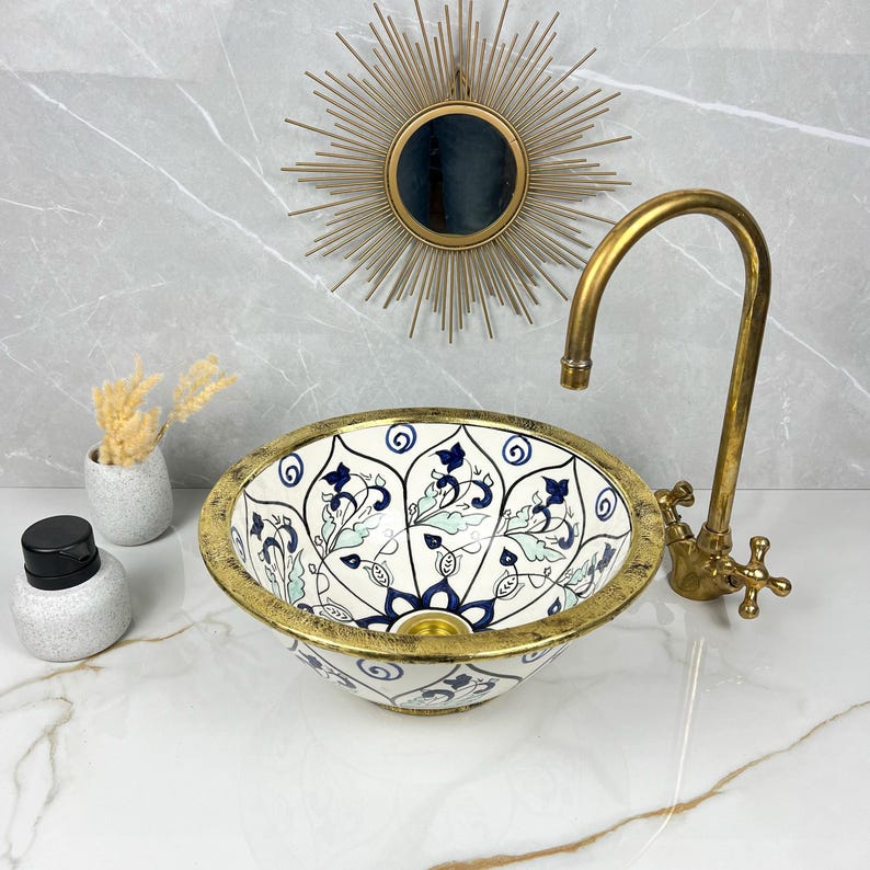 Handmade Moroccan Ceramic Sink Brass rim #284