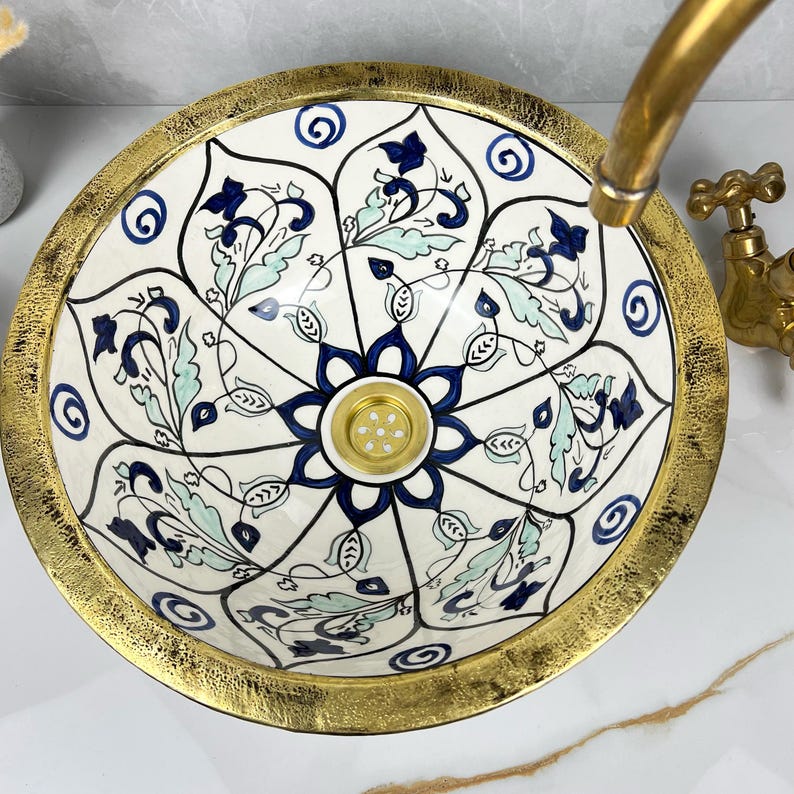 Handmade Moroccan Ceramic Sink Brass rim #284