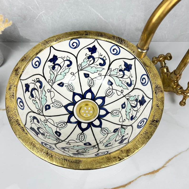 Handmade Moroccan Ceramic Sink Brass rim #284
