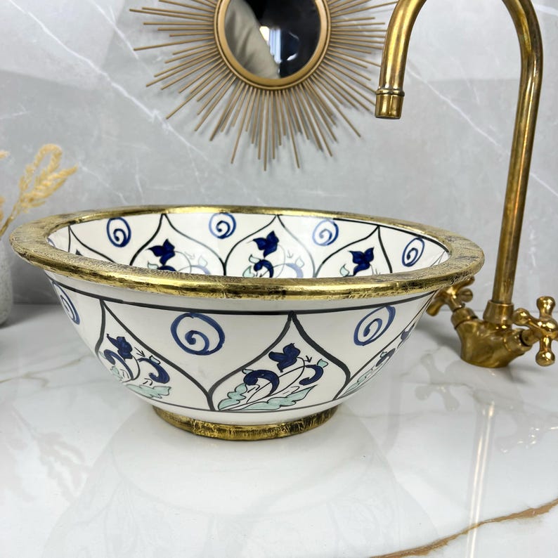 Handmade Moroccan Ceramic Sink Brass rim #284