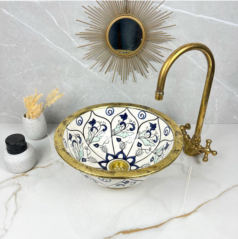 Handmade Moroccan Ceramic Sink Brass rim #284