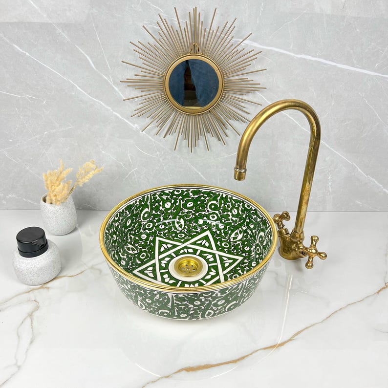 Handmade Moroccan Ceramic Sink Golden Rim 14k Carats #252
