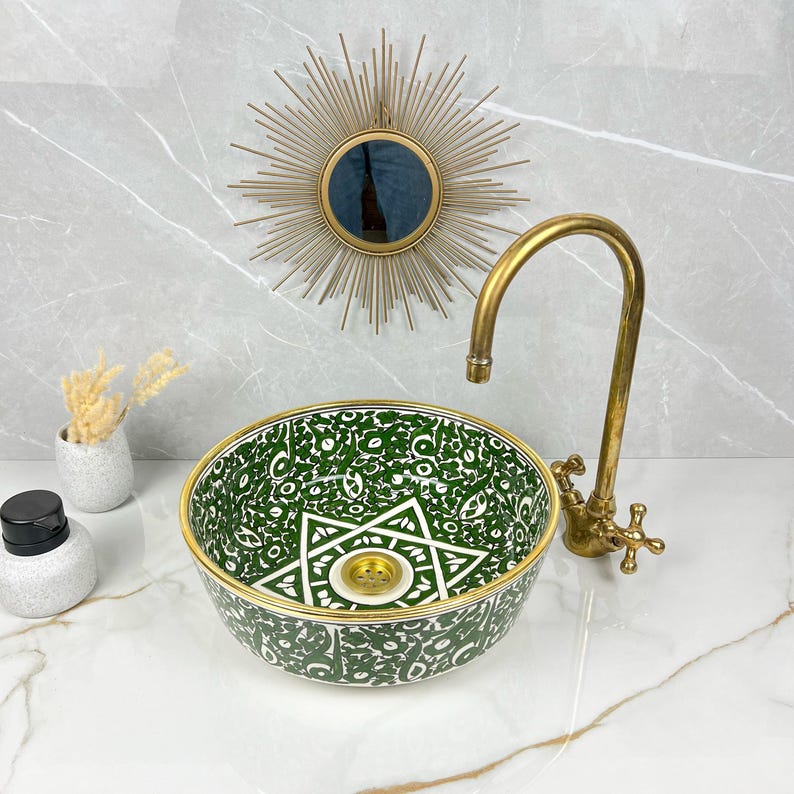 Handmade Moroccan Ceramic Sink Golden Rim 14k Carats #252