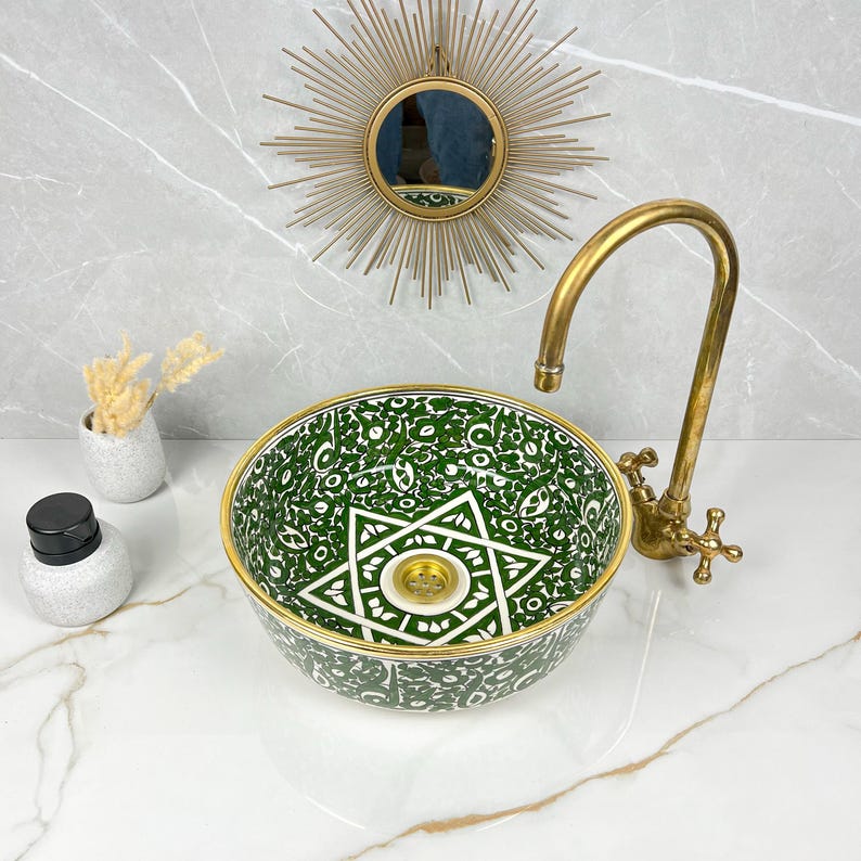 Handmade Moroccan Ceramic Sink Golden Rim 14k Carats #252