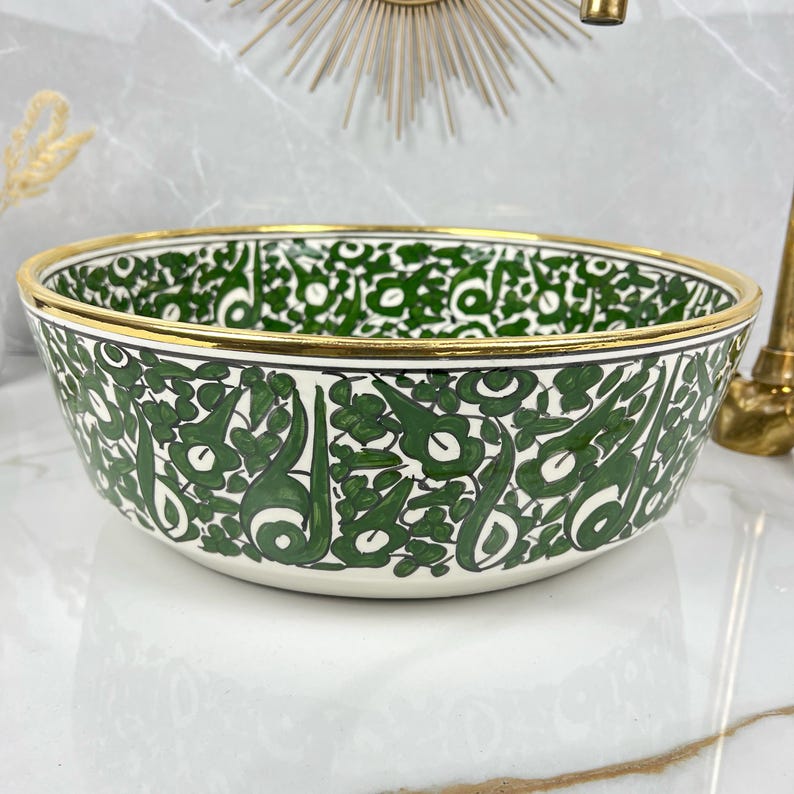 Handmade Moroccan Ceramic Sink Golden Rim 14k Carats #252