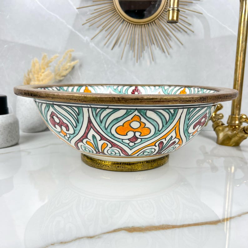 Handmade Moroccan Ceramic Sink Brass rim #284