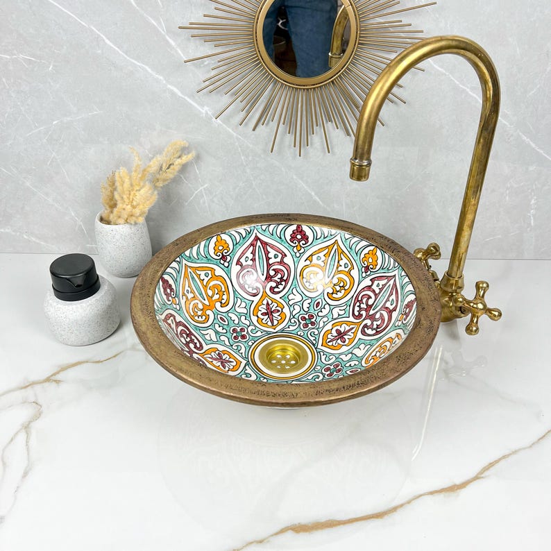 Handmade Moroccan Ceramic Sink Brass rim #284