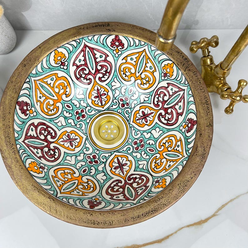 Handmade Moroccan Ceramic Sink Brass rim #284