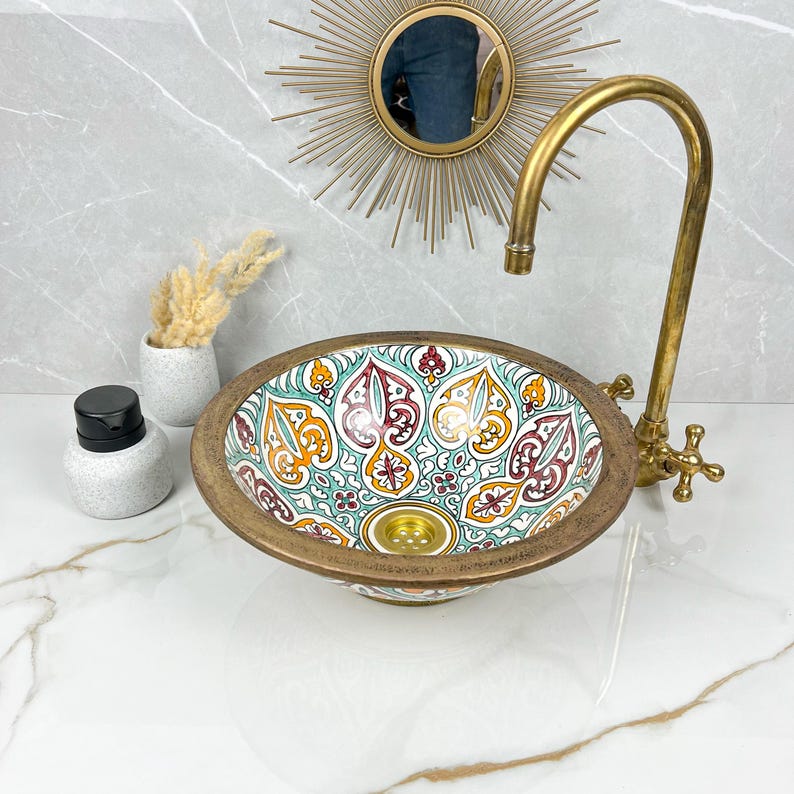 Handmade Moroccan Ceramic Sink Brass rim #284
