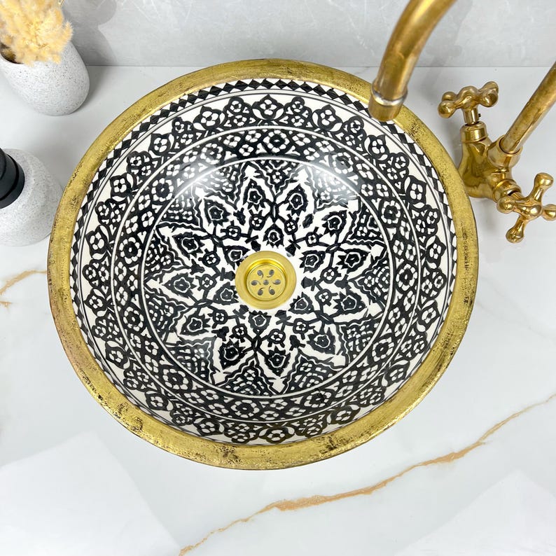 Handmade Moroccan Ceramic Sink Brass rim #284