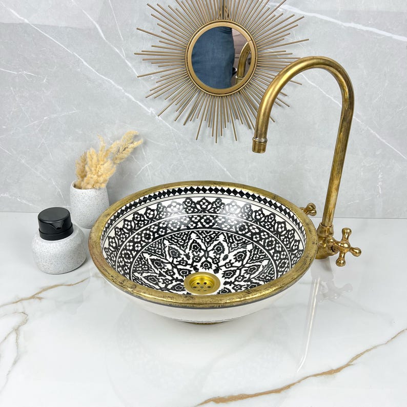 Handmade Moroccan Ceramic Sink Brass rim #284