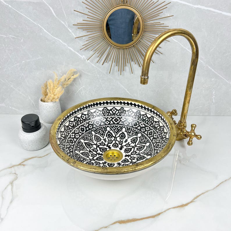 Handmade Moroccan Ceramic Sink Brass rim #284