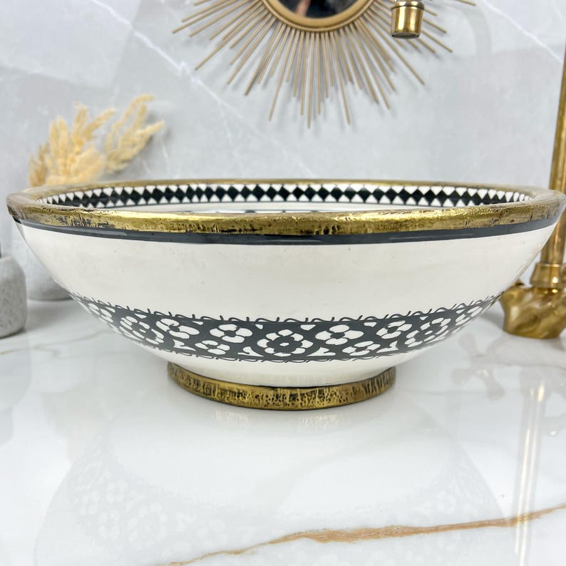 Handmade Moroccan Ceramic Sink Brass rim #284