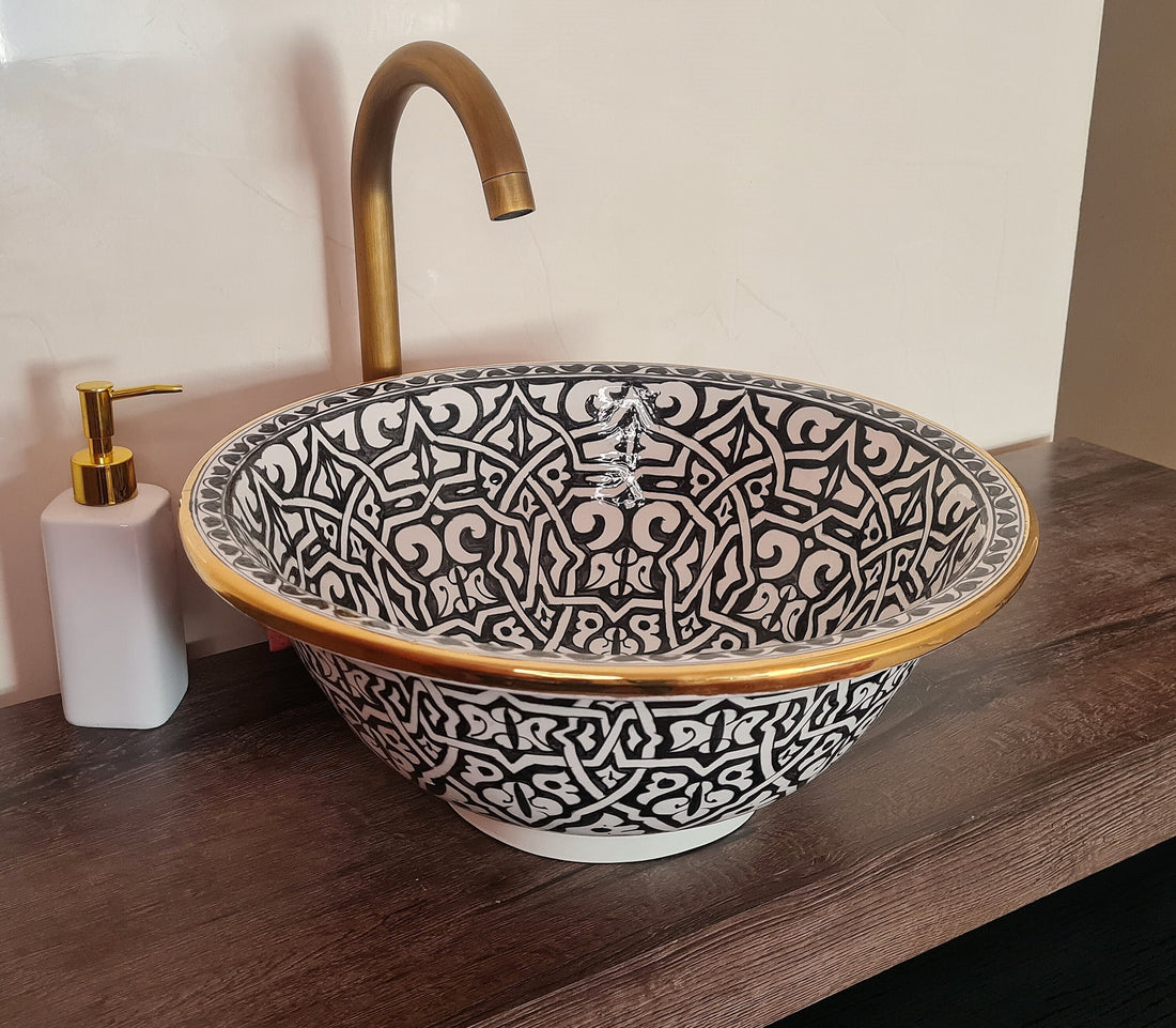 Handmade Moroccan Ceramic Sink 14K Carat Golden rim #80