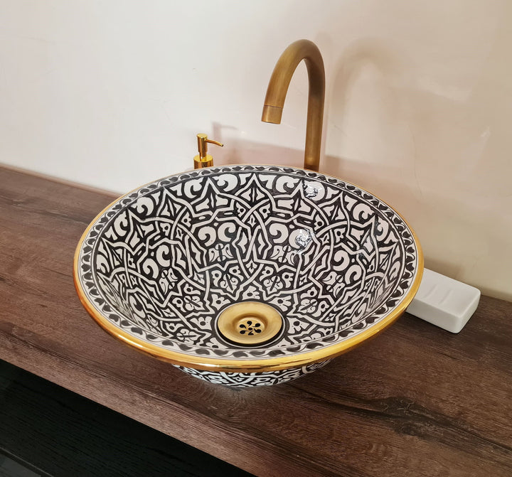 Handmade Moroccan Ceramic Sink 14K Carat Golden rim #80